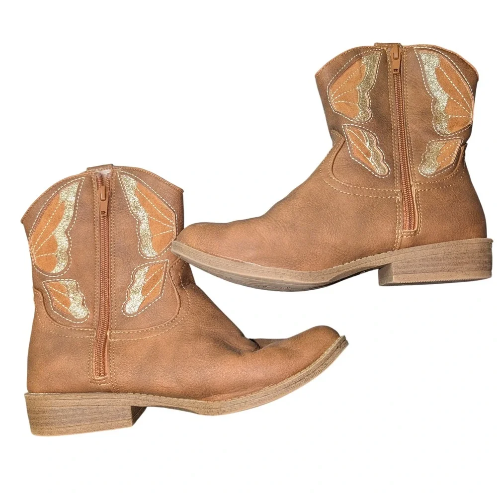 Madden Girl Kids Brown Zip-Up Butterfly Glitter Western Cowboy Boots Size 5